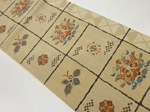 格子に向かい鳥・花・葉模様織出し袋帯